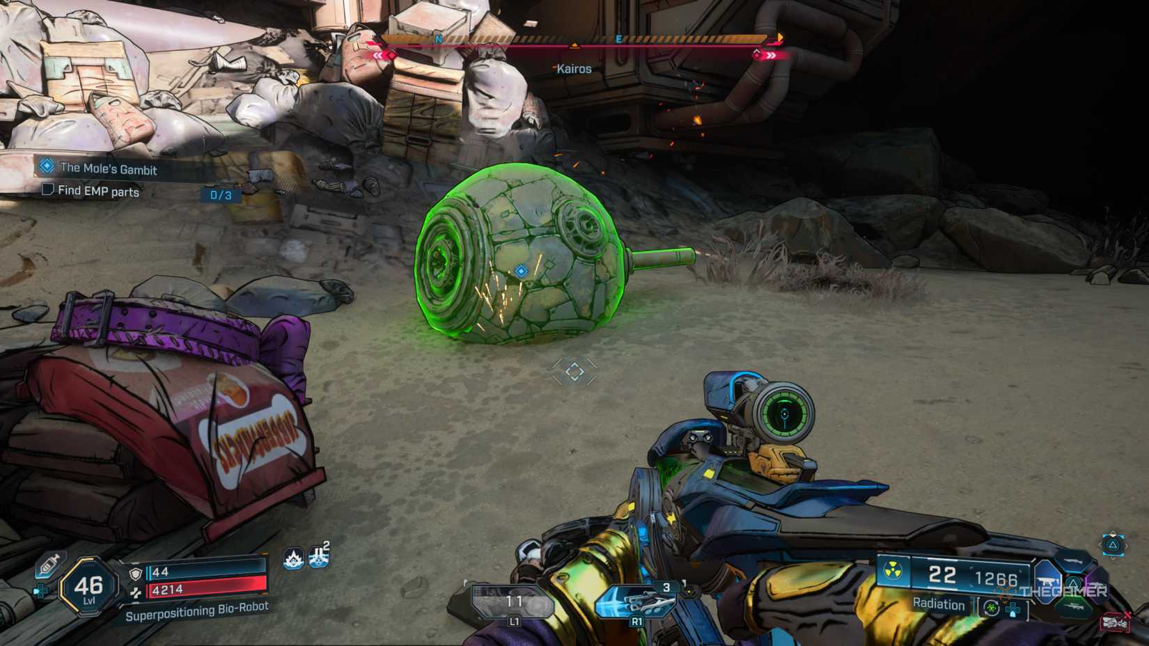 the emp casing, highlighted in green, is found on the ground of a ripper camp in borderlands 4.