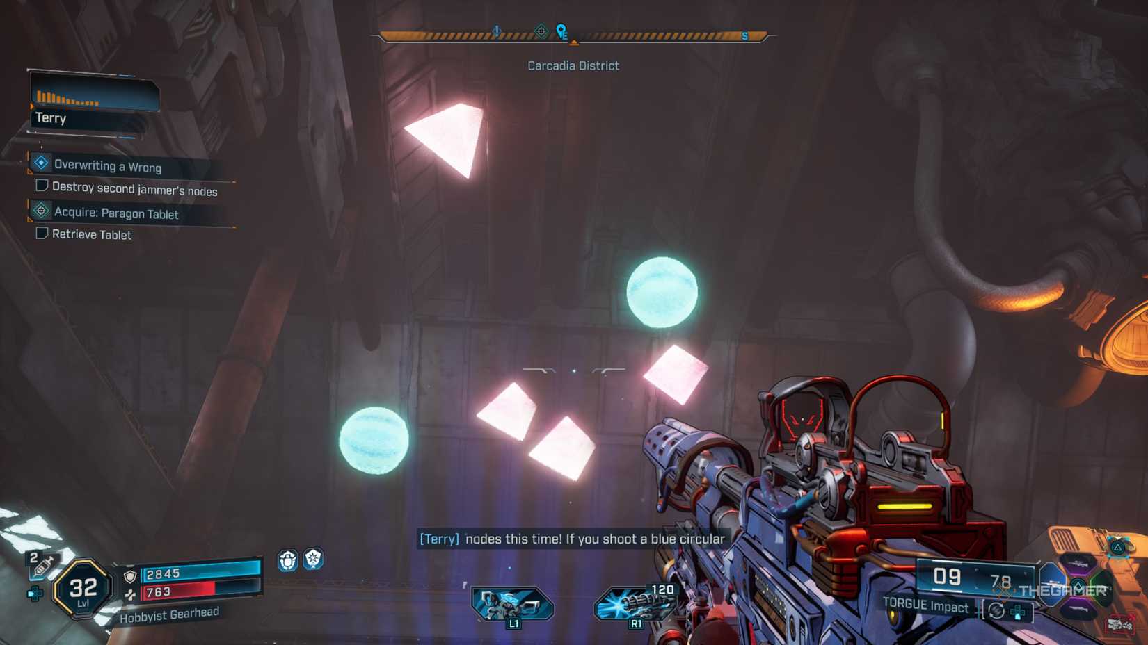 The player looks at blue circular and red triangular nodes in Borderlands 4.