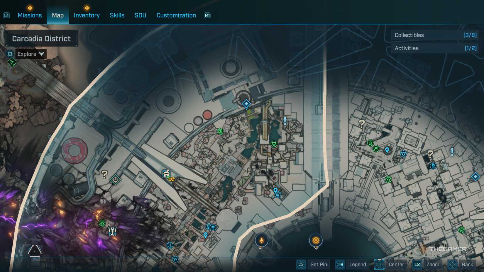 the in-game map in borderlands 4 is centered on the elect safe in the carcadia district of dominion city.