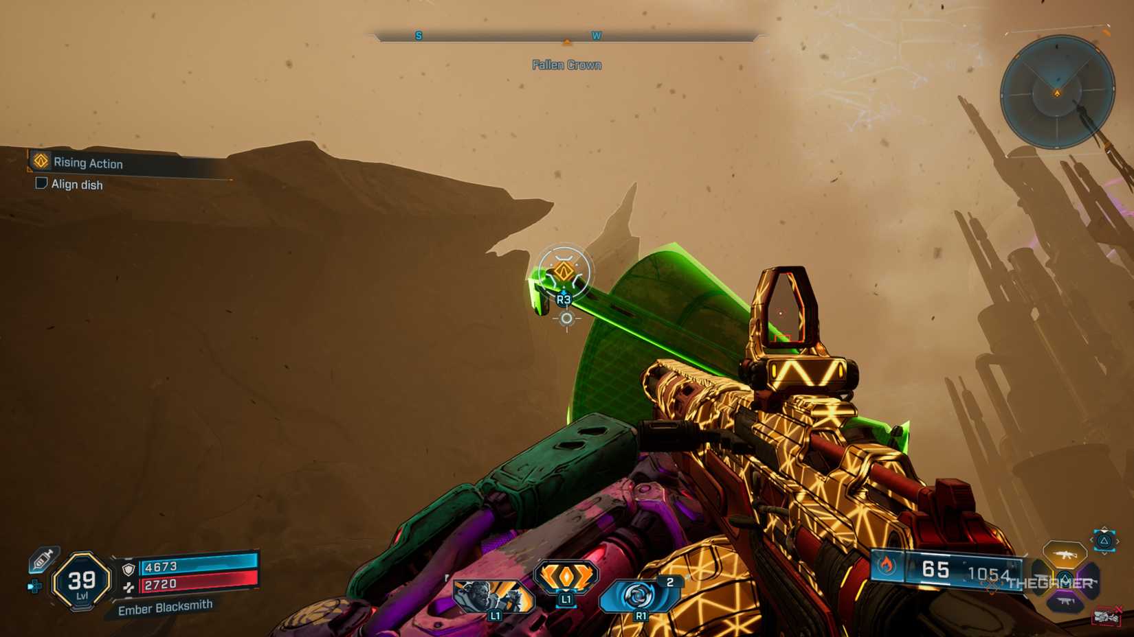 Amon looking up at the highlighted dish that has a Grapple point prompt on part of it in Borderlands 4.