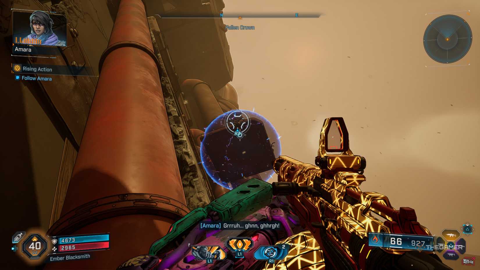 Amon about to grapple up a platform held up by Amara's siren powers in Borderlands 4.
