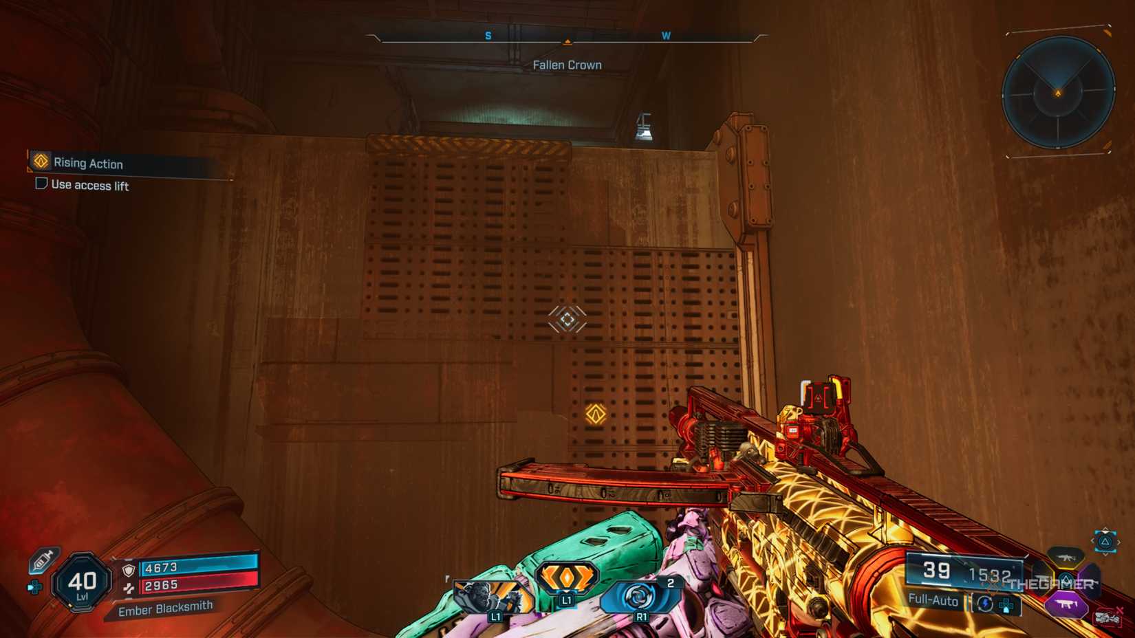Amon jumping across a gap towards a corrugated wall that leads to the objective in Borderlands 4.