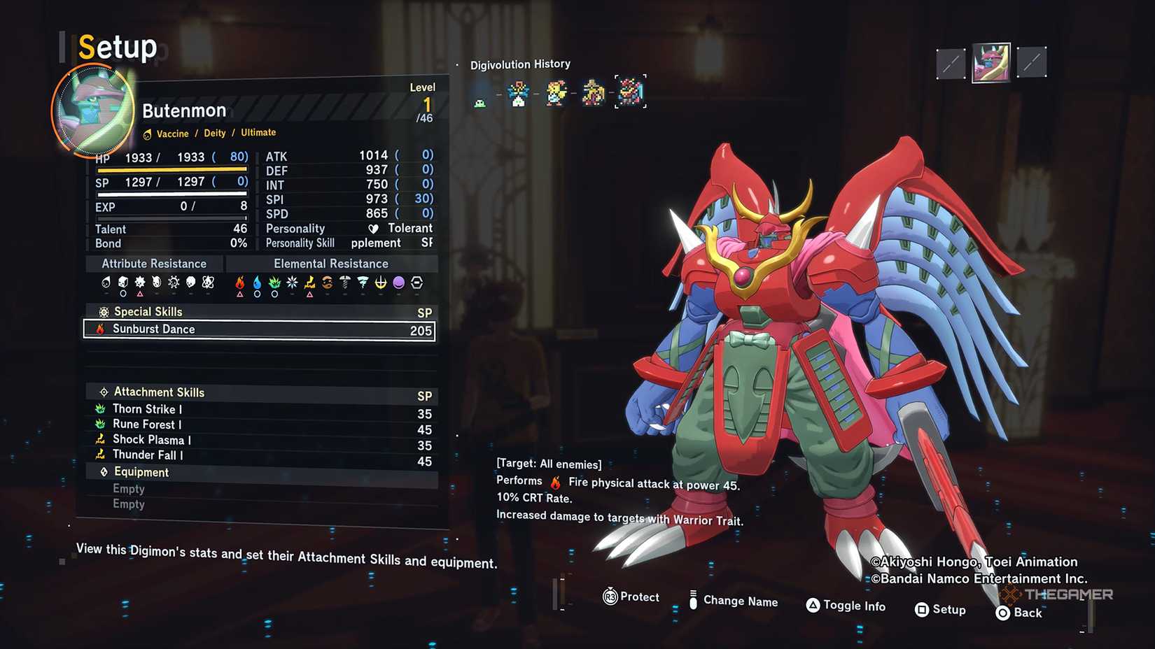 Butenmon's stats in Digimon Story Time Stranger.