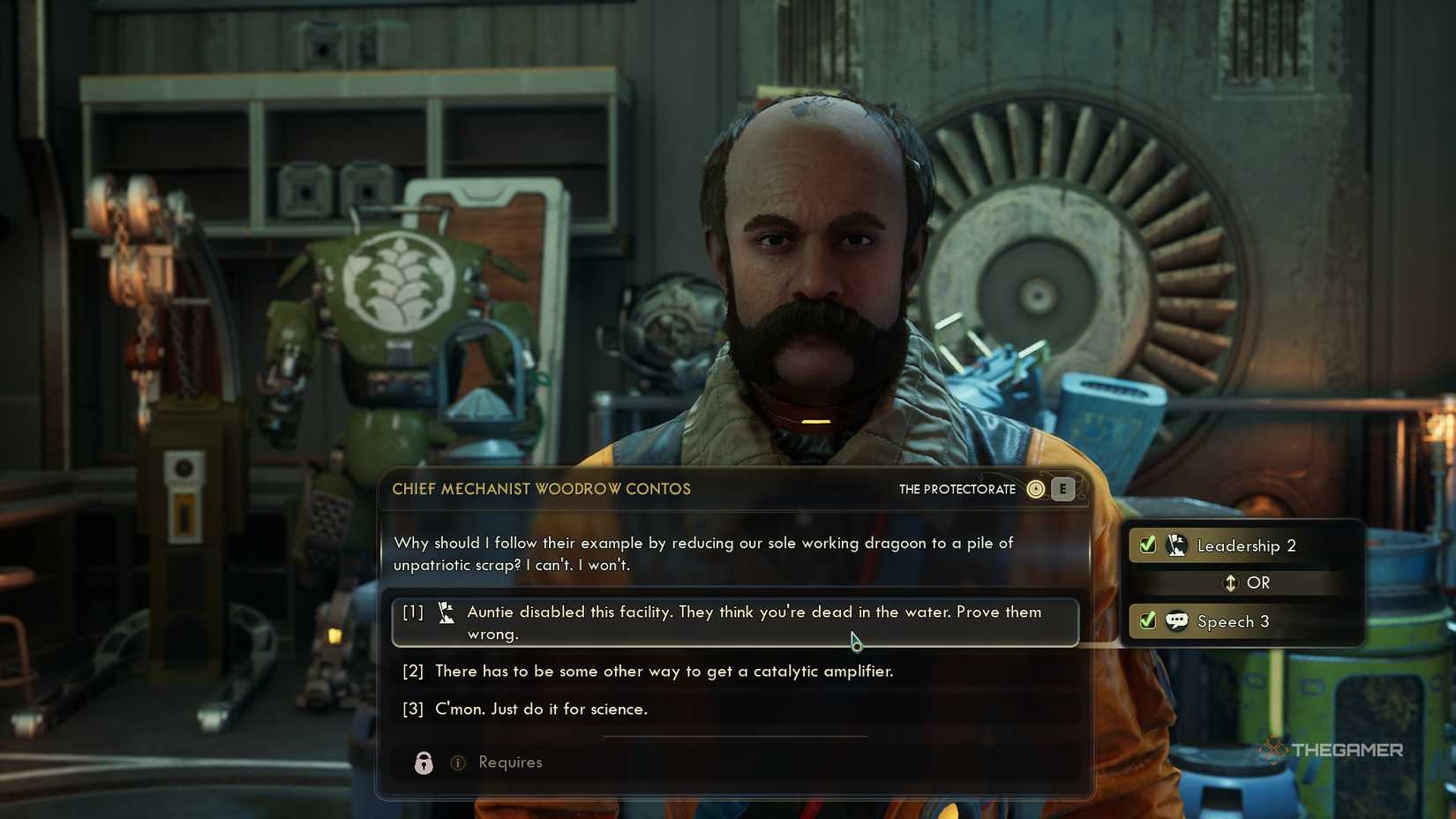 Choosing dialogue options in The Outer Worlds 2. This one requires a skill check with points in either Leadership or Speech.