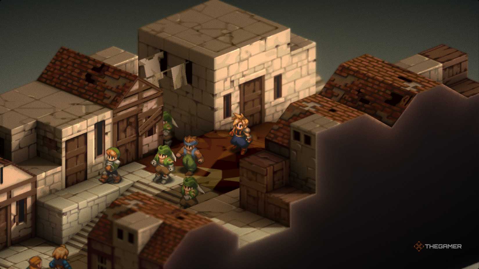 Cloud standing behind brigands at Sal Ghidos in Final Fantasy Tactics The Ivalice Chronicles.