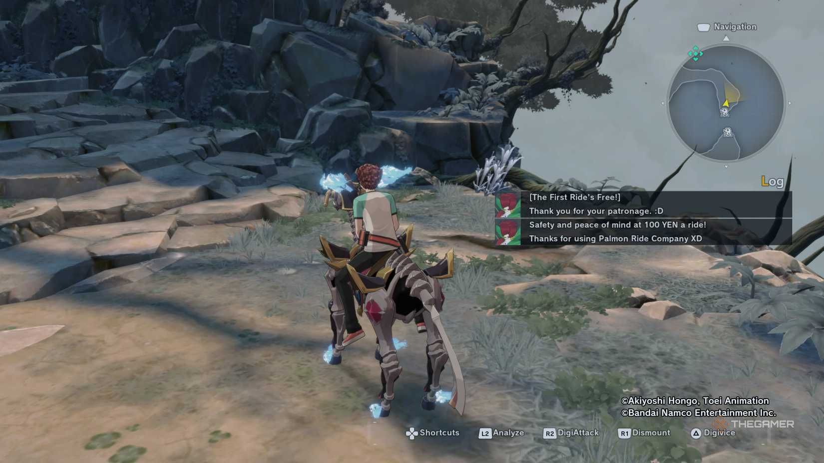 Male ADAMAS Agent riding Embarrmon through Gear Forest while getting billed by Rosemon in Digimon Story: Time Stranger.