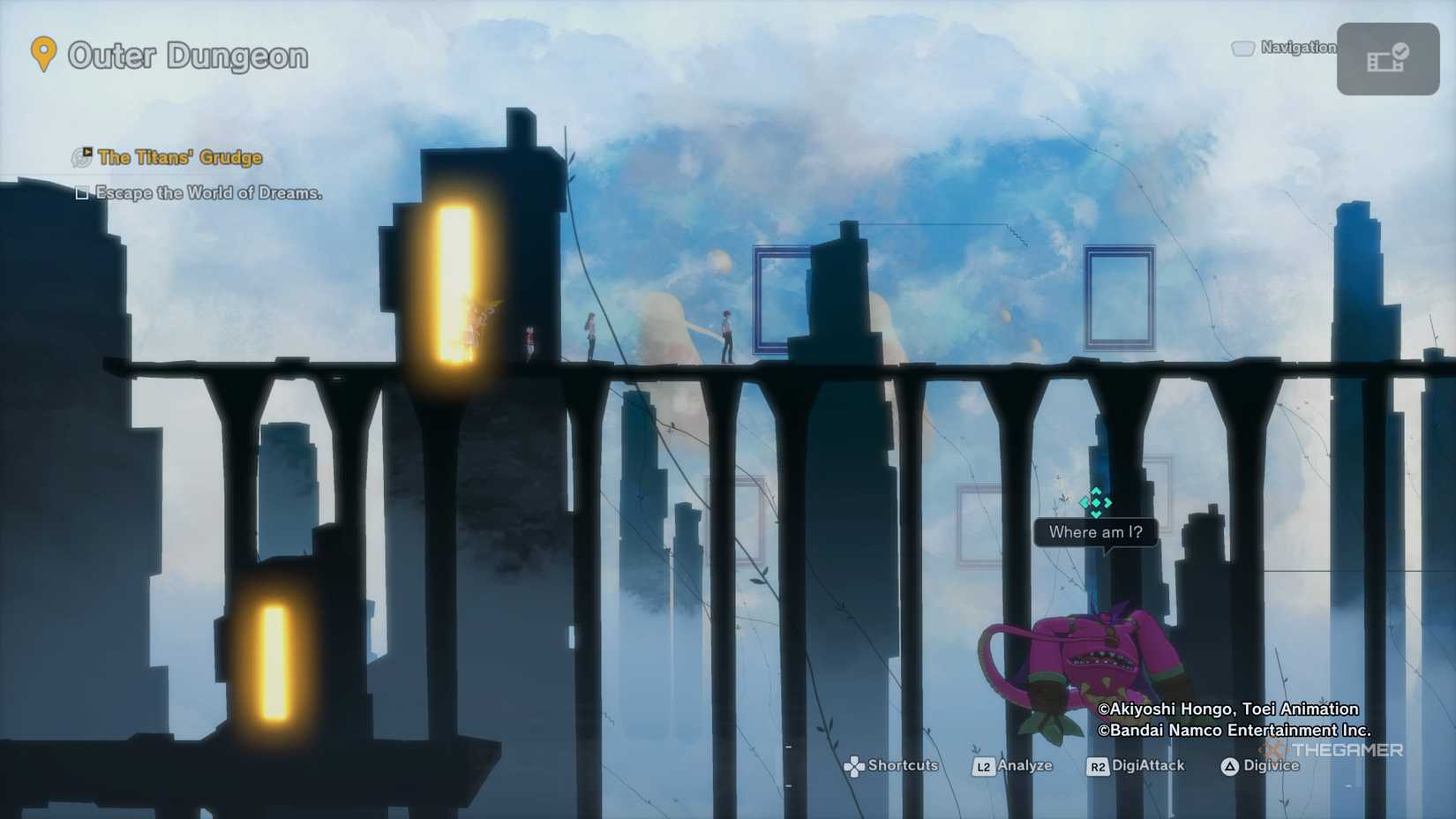 Male ADAMAS Agent and crew navigating an Outer Dungeon made by Witchmon in Digimon Story: Time Stranger.