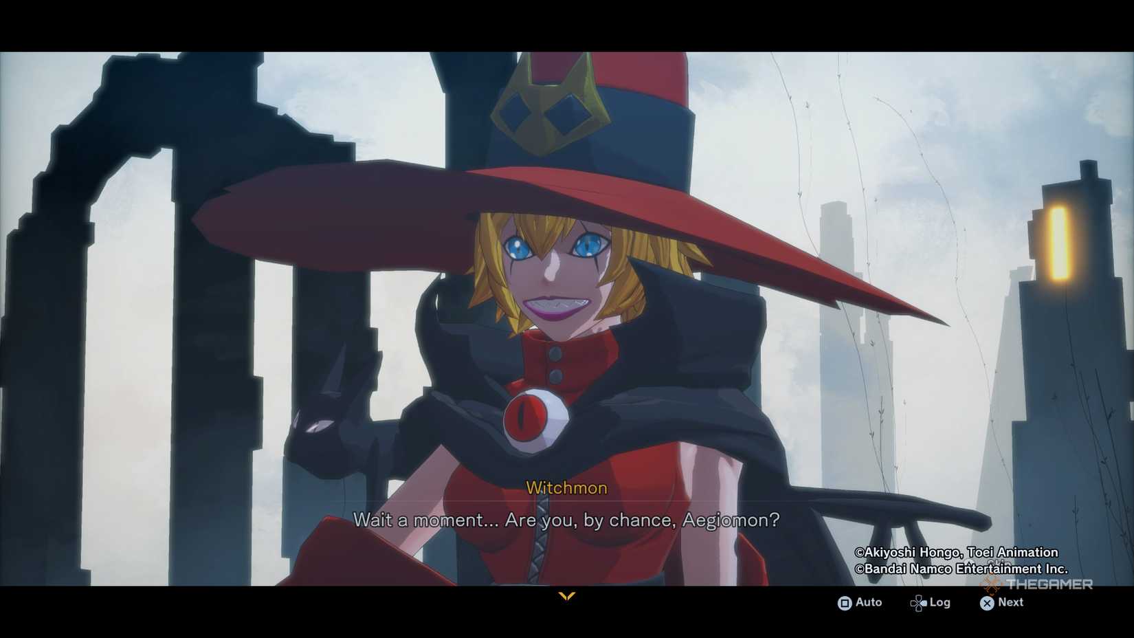 Close up of Witchmon asking about Aegiomon in her Outer Dungeon in Digimon Story: Time Stranger.