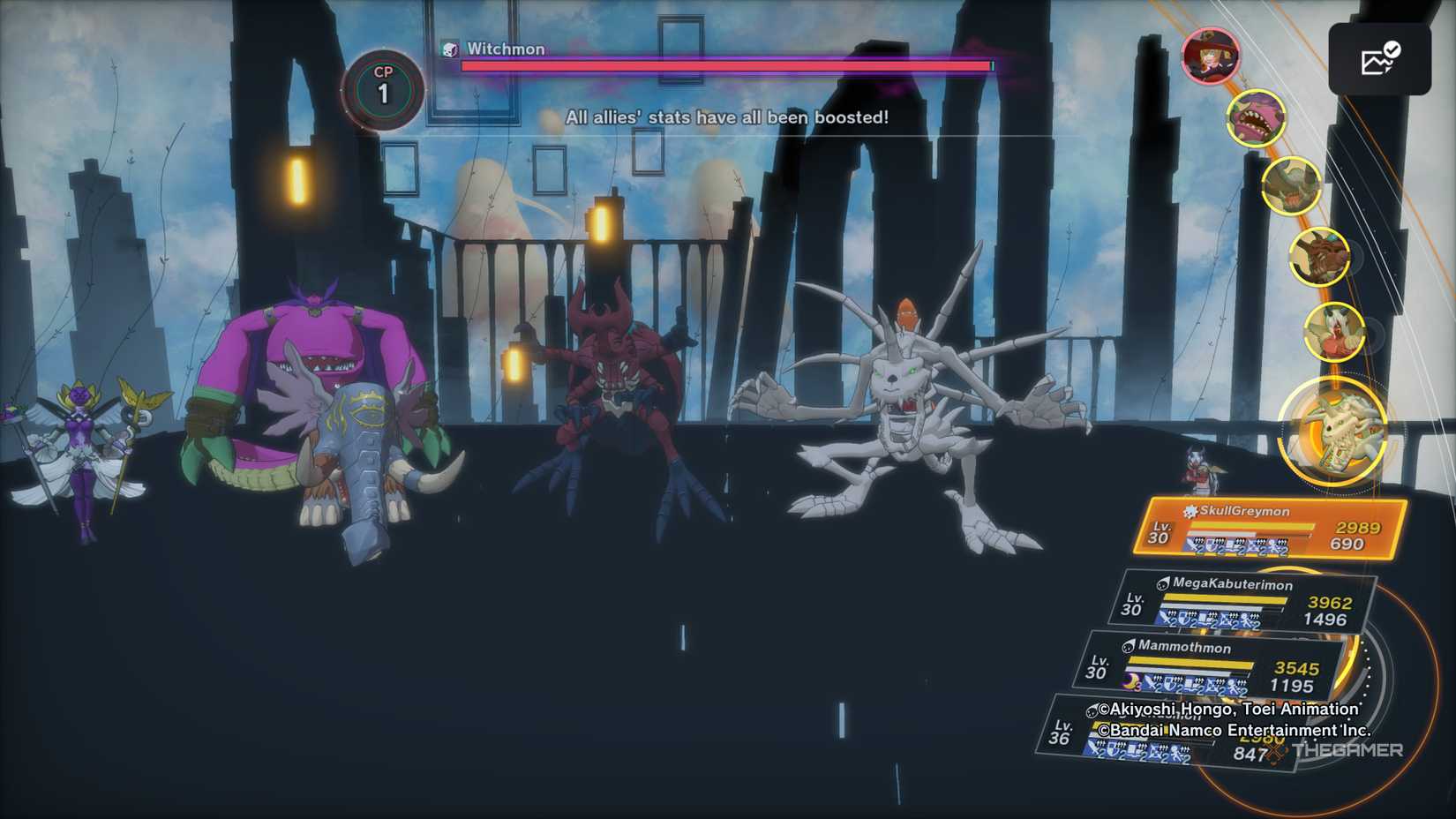 Several Digimon getting all their stats boosted during the Witchmon fight using Cross Art: Field in Digimon Story: Time Stranger.