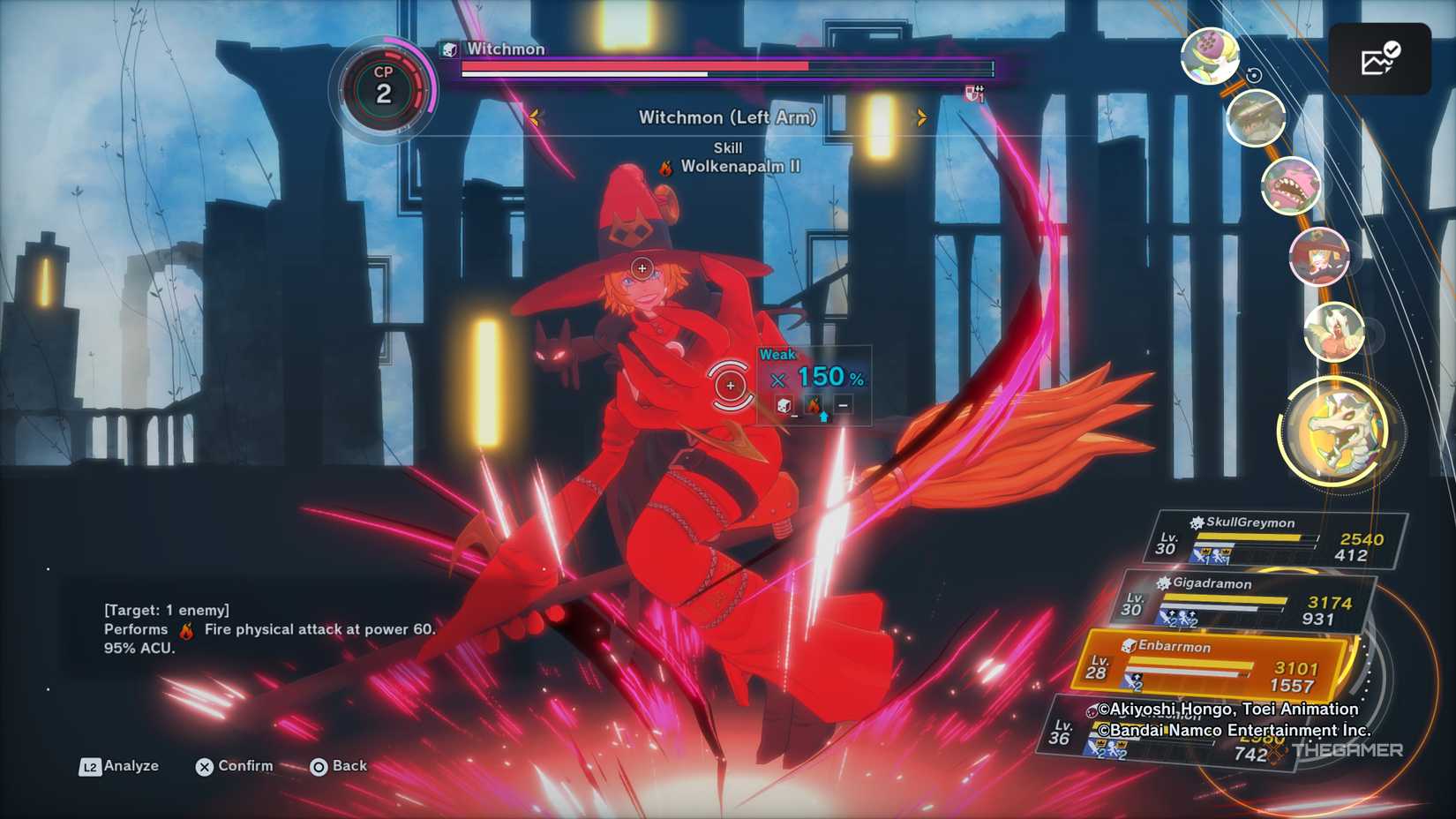 Witchmon charging Balaluna Gale while Embarrmon is about to use Wolkenapalm II on her Left Arm in Digimon Story: Time Stranger.