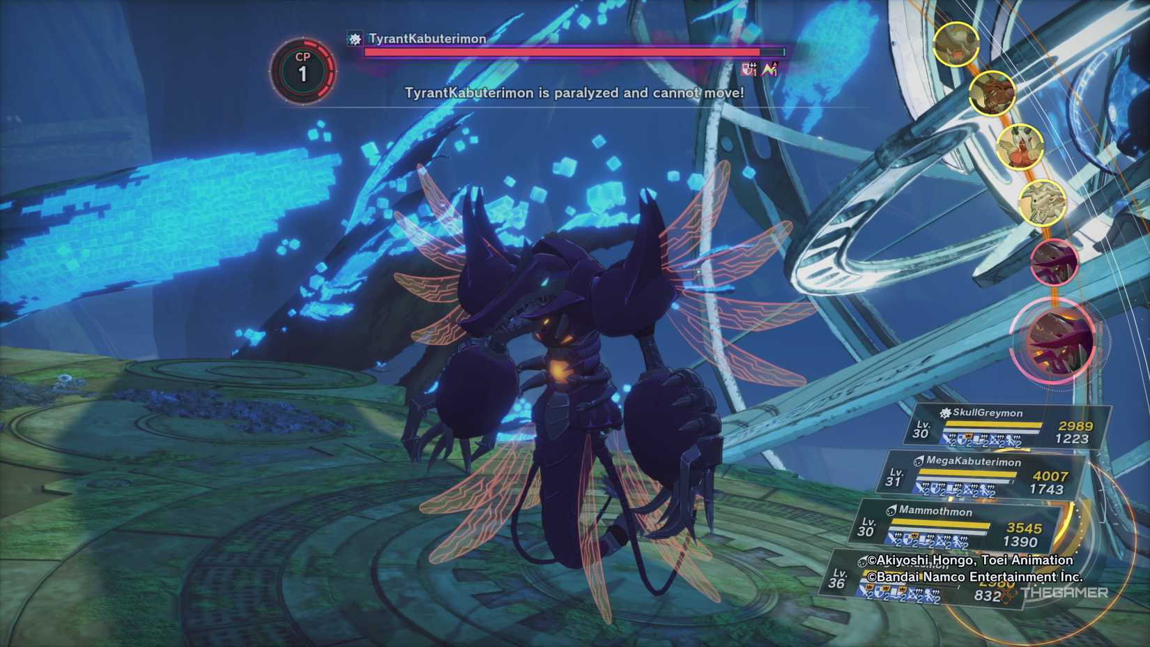 TyrantKabuterimon stunned for a turn after using Shine of Bee in Digimon Story: Time Stranger.