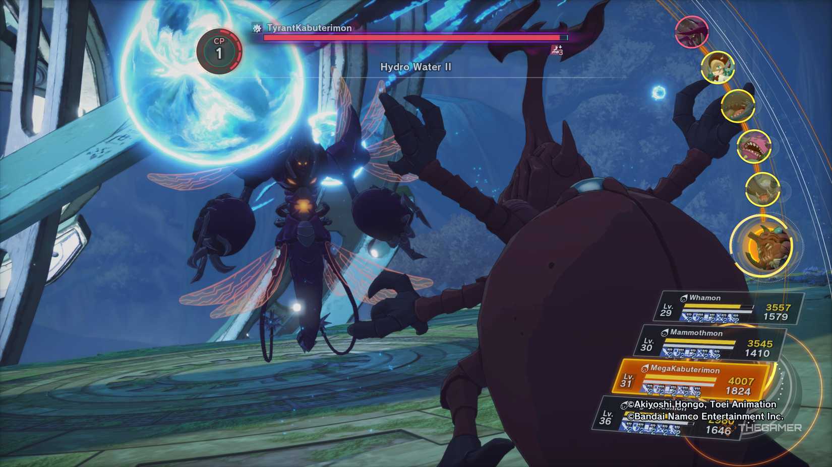 MegaKabuterimon using Hydro Water II against TyrantKabuterimon in Digimon Story: Time Stranger.