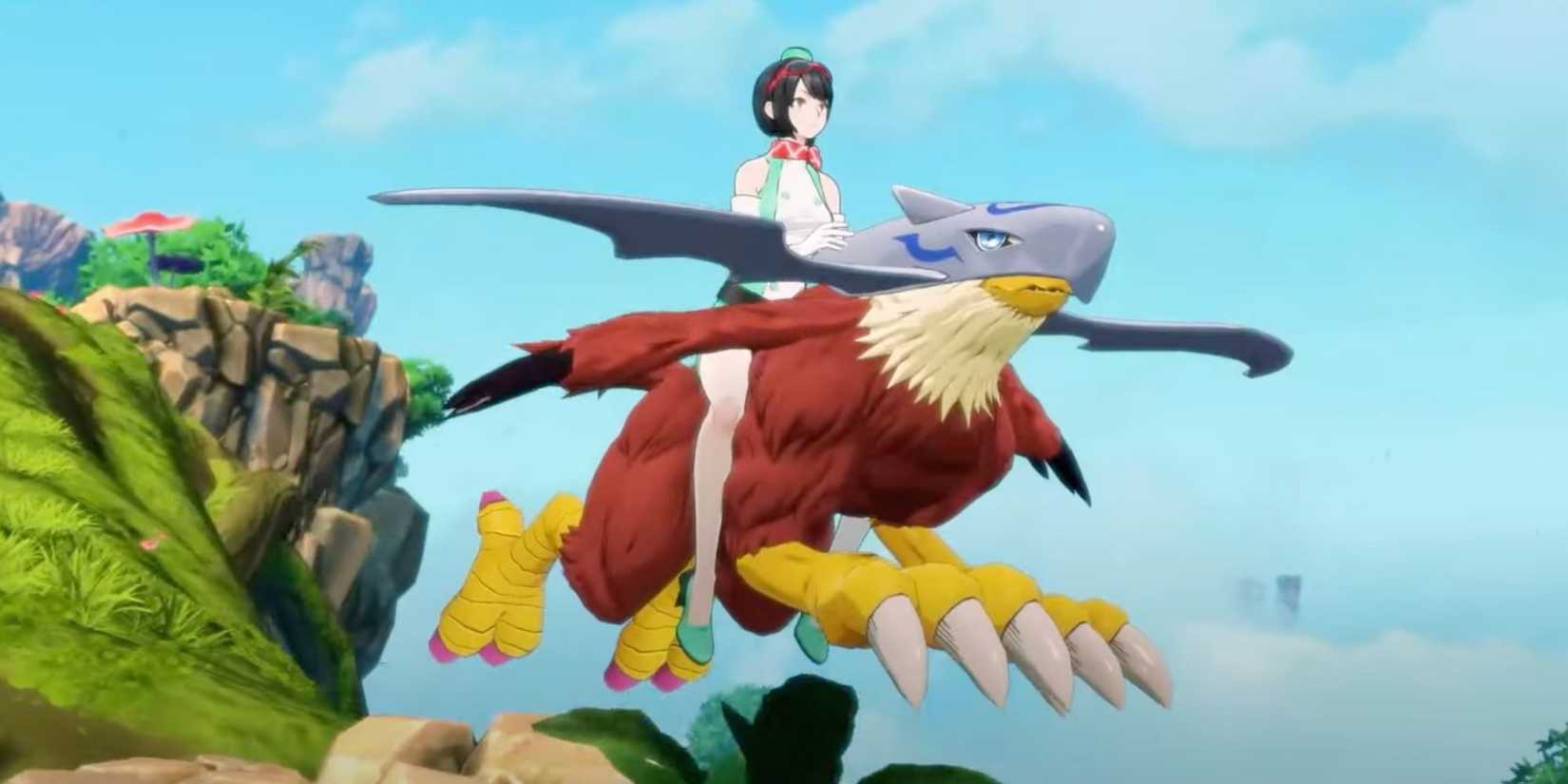 Digimon Story: Time Stranger protagonist riding a Digimon.
