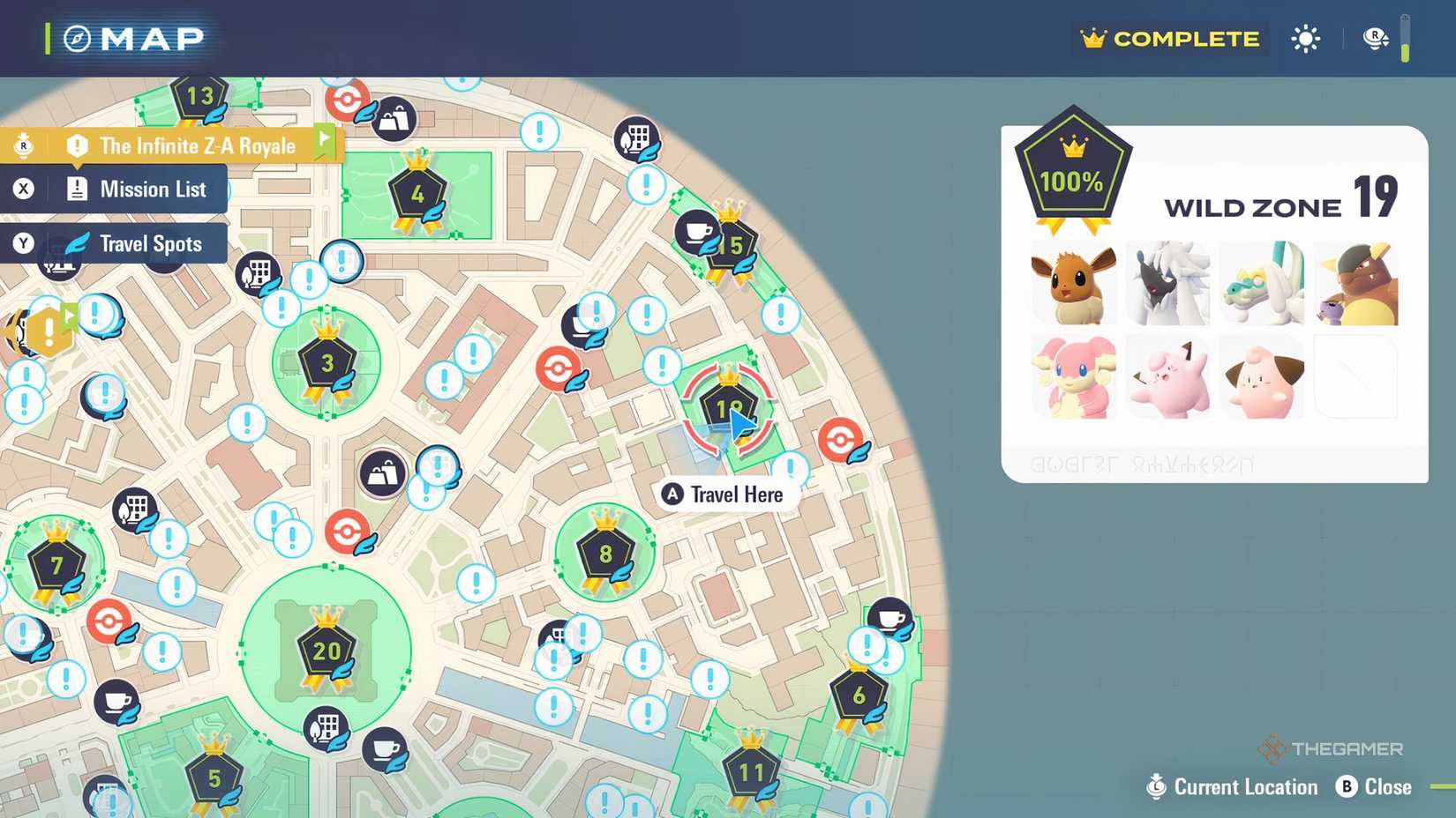 Drampa's Pokemon Legends: Z-A spawn location in Wild Zone 19 on the map.