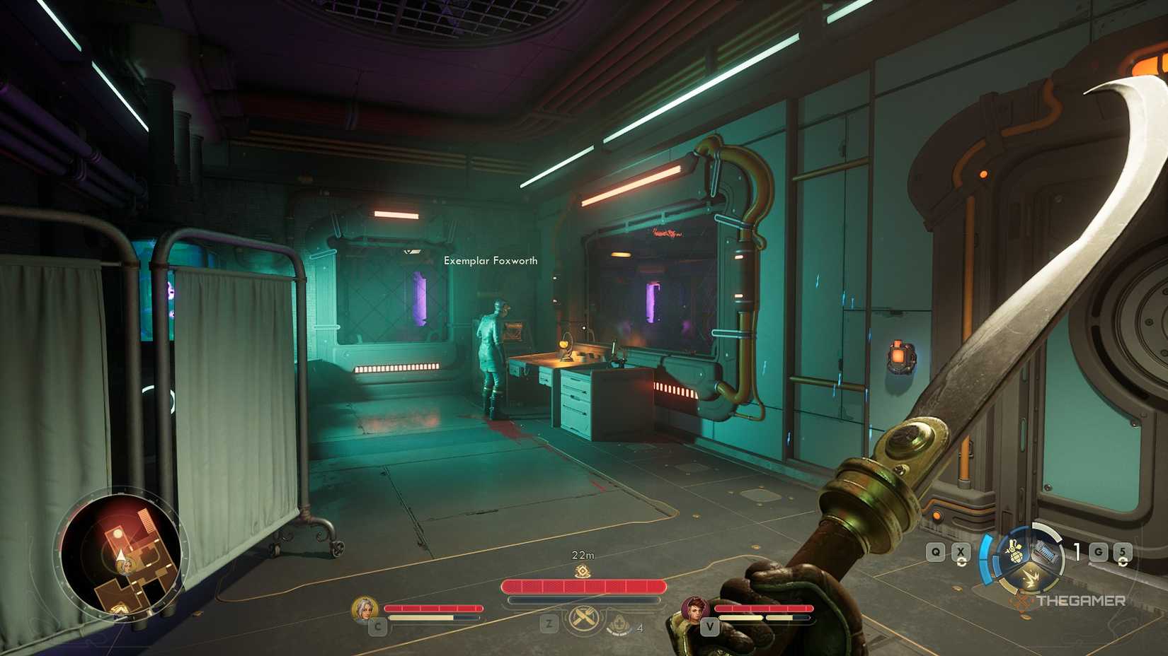 Exploring the N-Ray Range in The Outer Worlds 2. An NPC called Exemplar Foxworth can be seen at a work desk. There is some blood on the floor