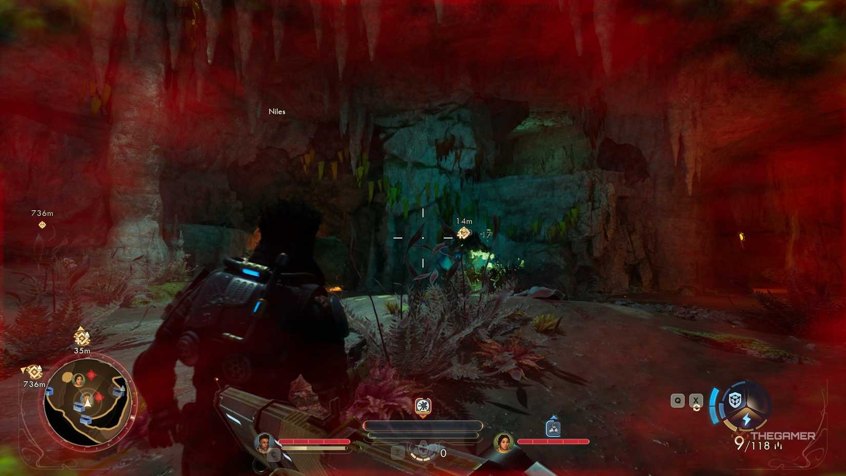 Fighting the Raptidon Matriarch in The Outer Worlds 2. The player is in a cave
