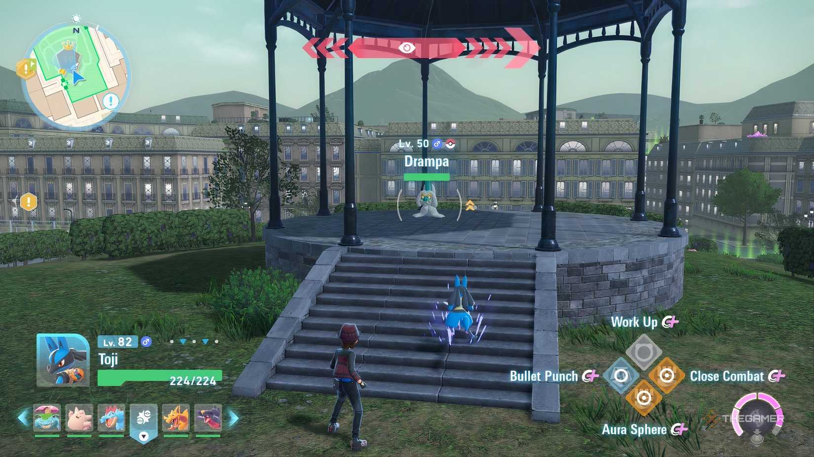 Finding a wild Drampa in Pokemon Legends: Z-A, in Wild Zone 19 under the gazebo.