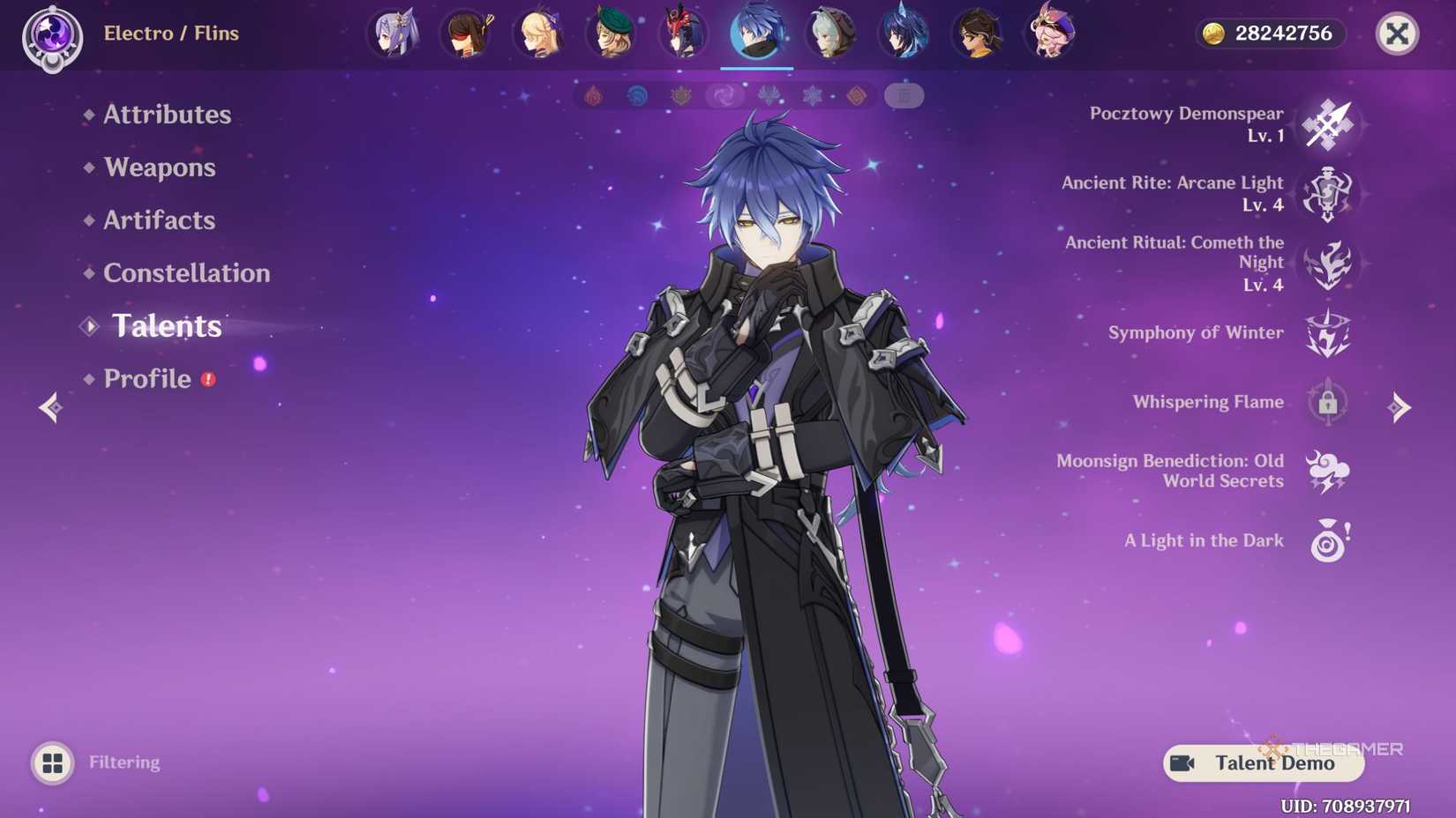 Genshin Impact Flins talent screen.