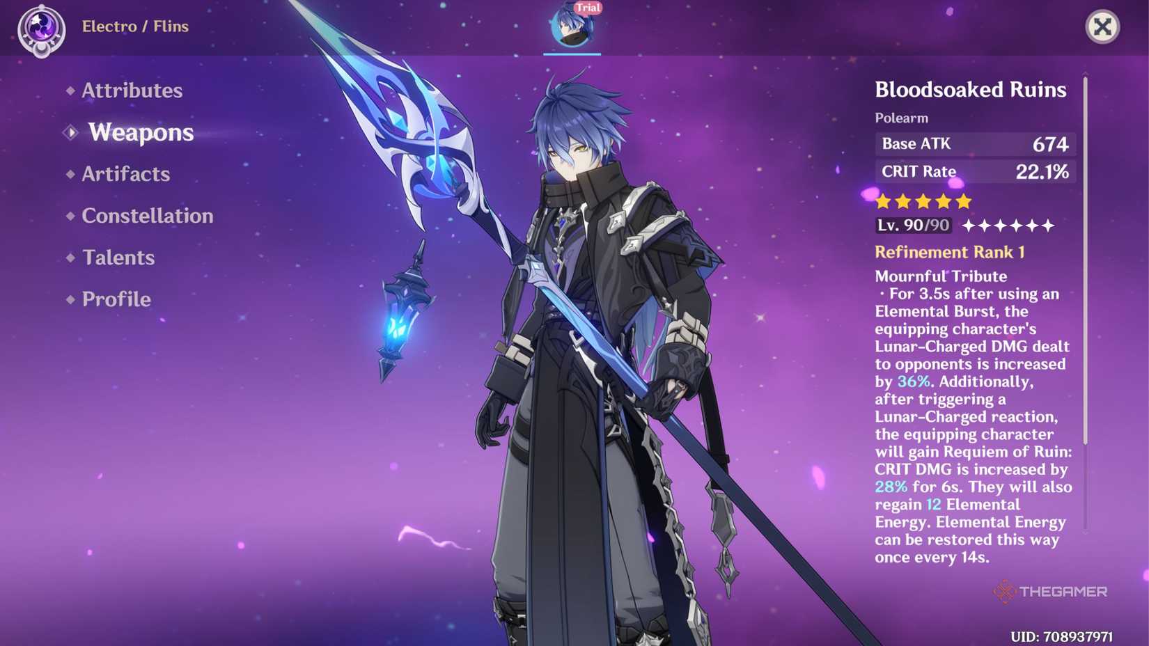 Genshin Impact Flins weapon screen.