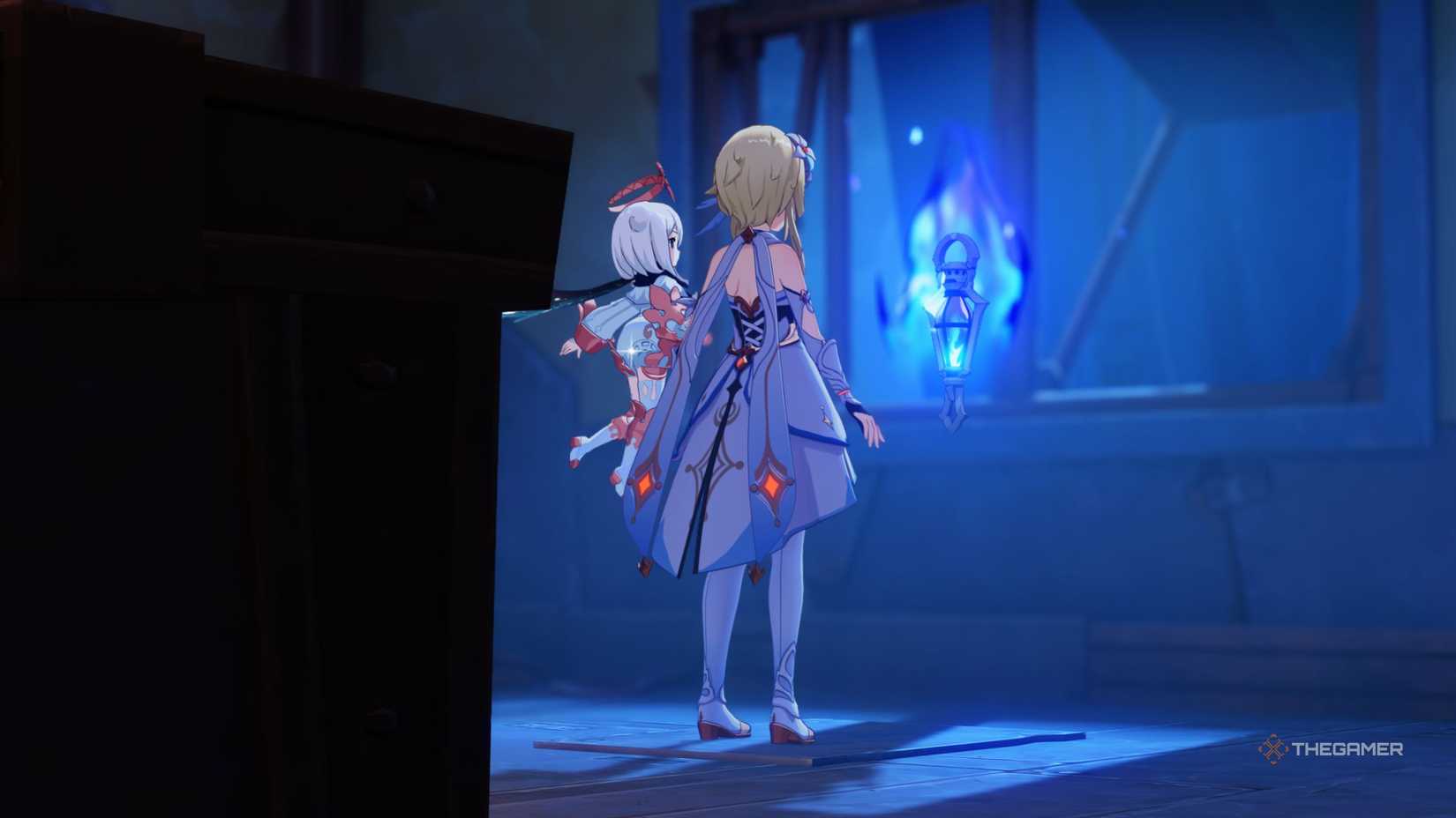 Genshin Impact traveler and paimon looking at flins' lantern.