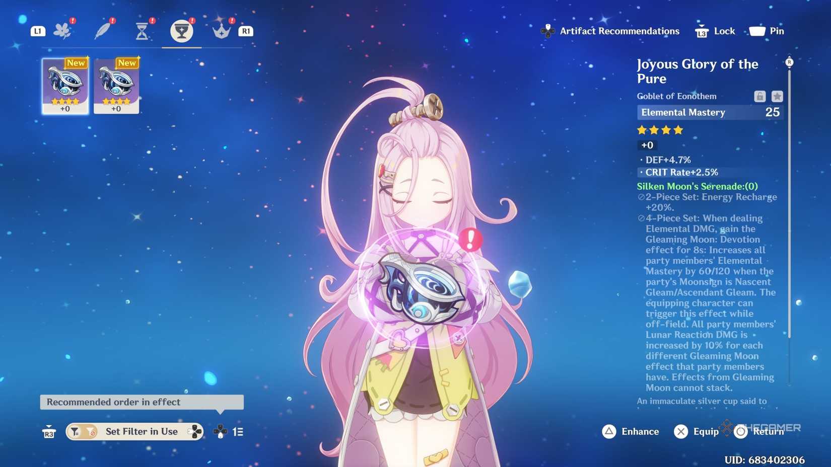 Giving Aino artifacts in Genshin Impact.