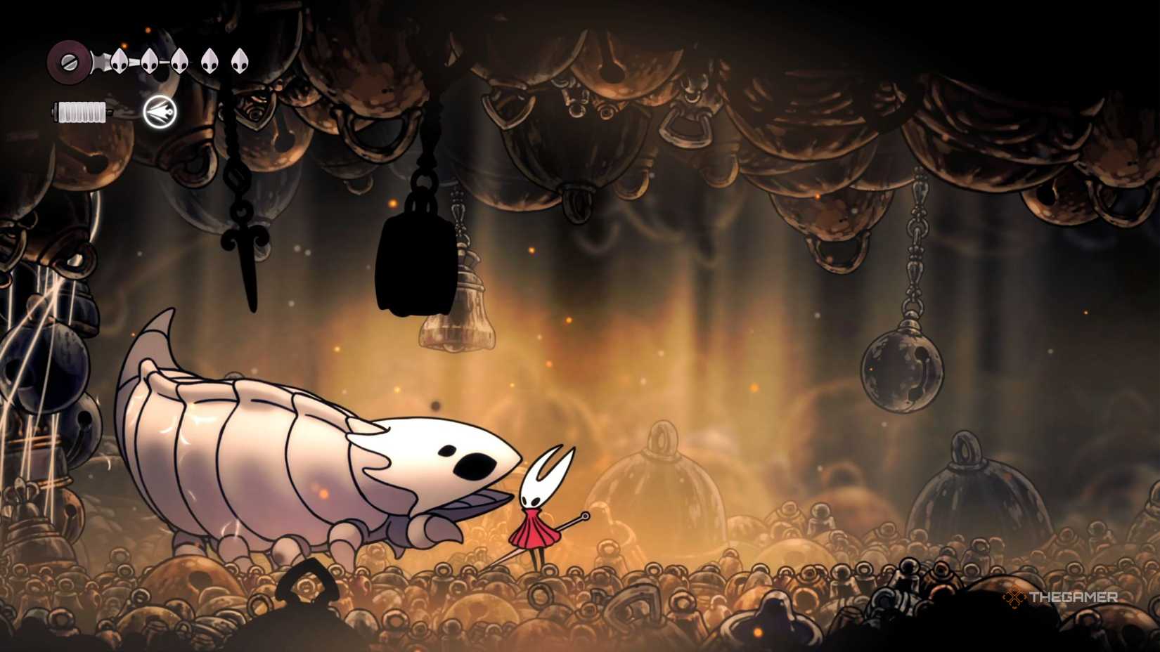 Hollow Knight Silksong defeating Bell Beast for first Silk Heart.