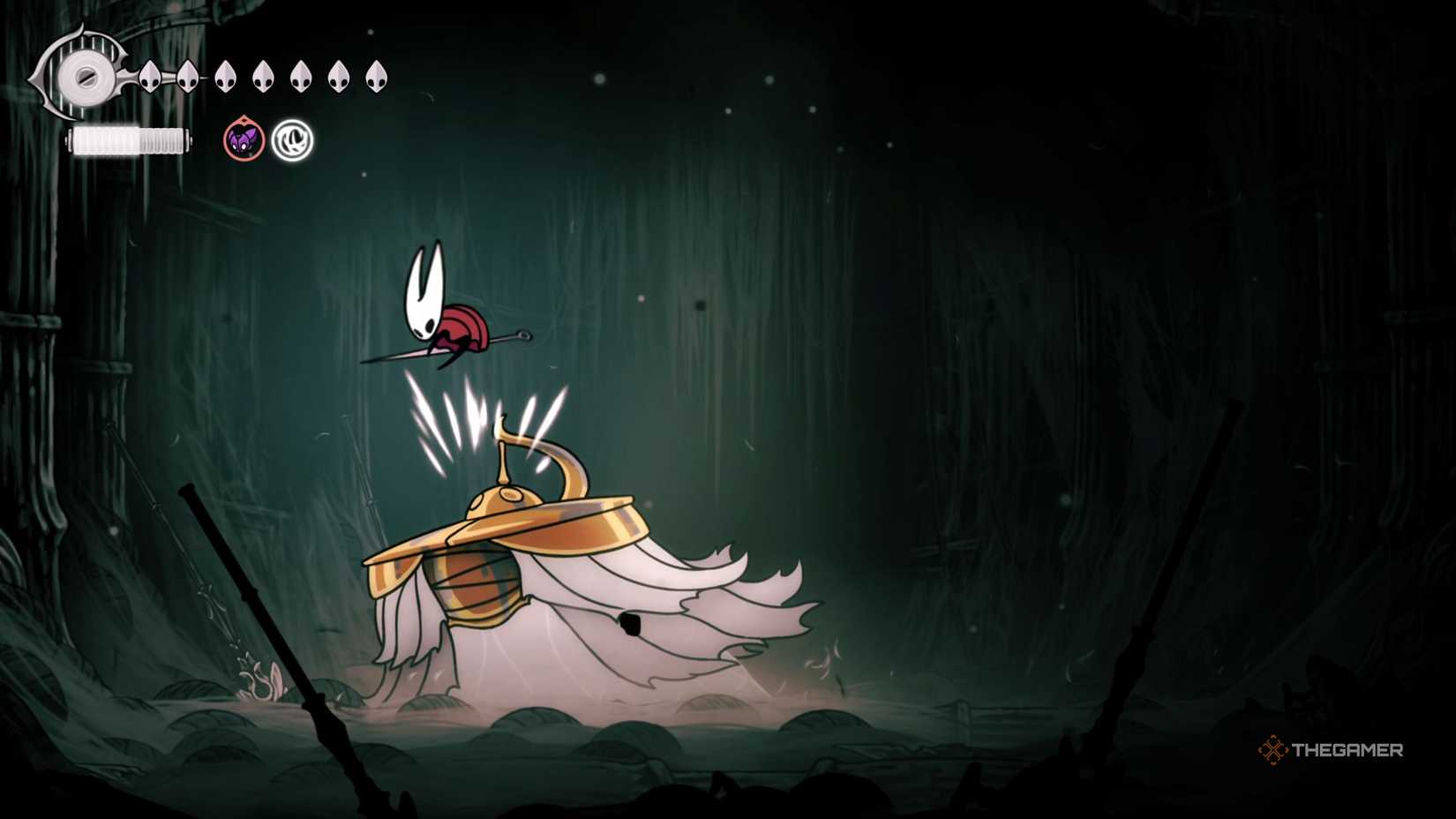 Hollow Knight Silksong hitting The Unravelled from above.
