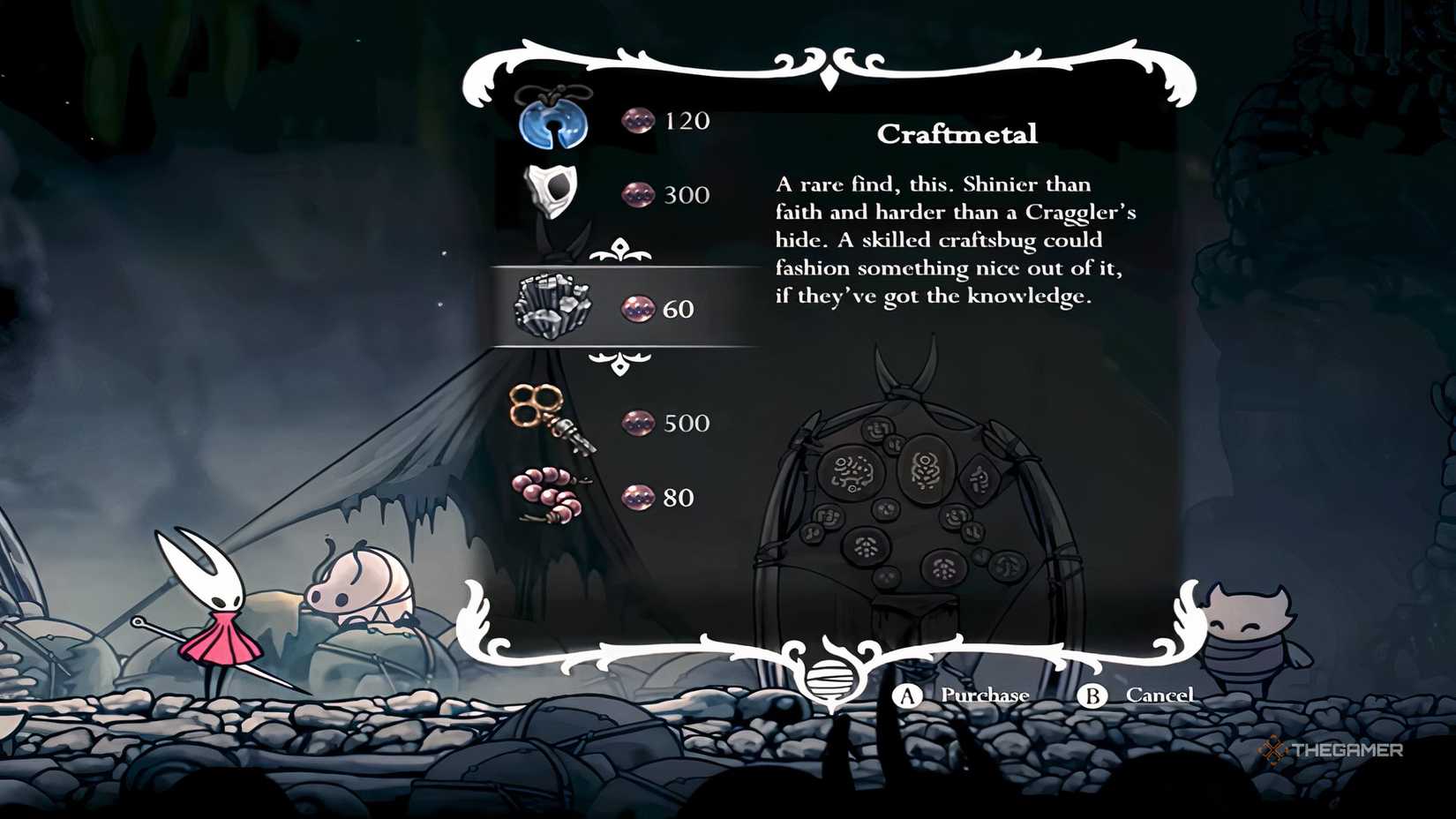 Hornet buying Craftmetal from a merchant in Hollow Knight: Silksong.