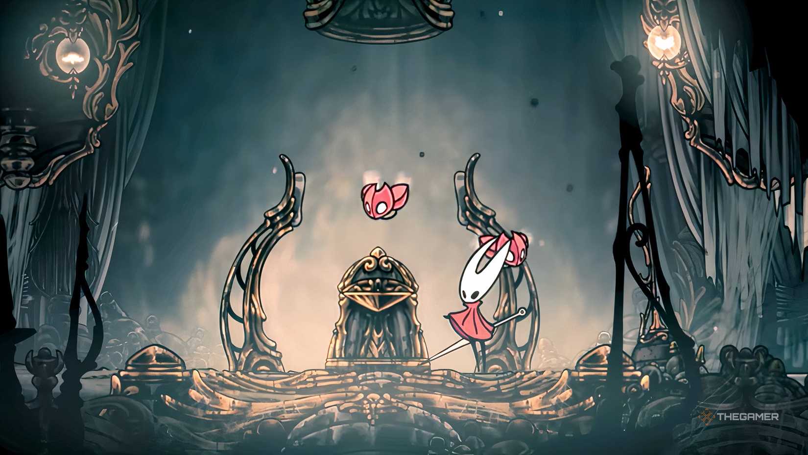 Hornet using Craftmetal to make a tool in Hollow Knight: Silksong.