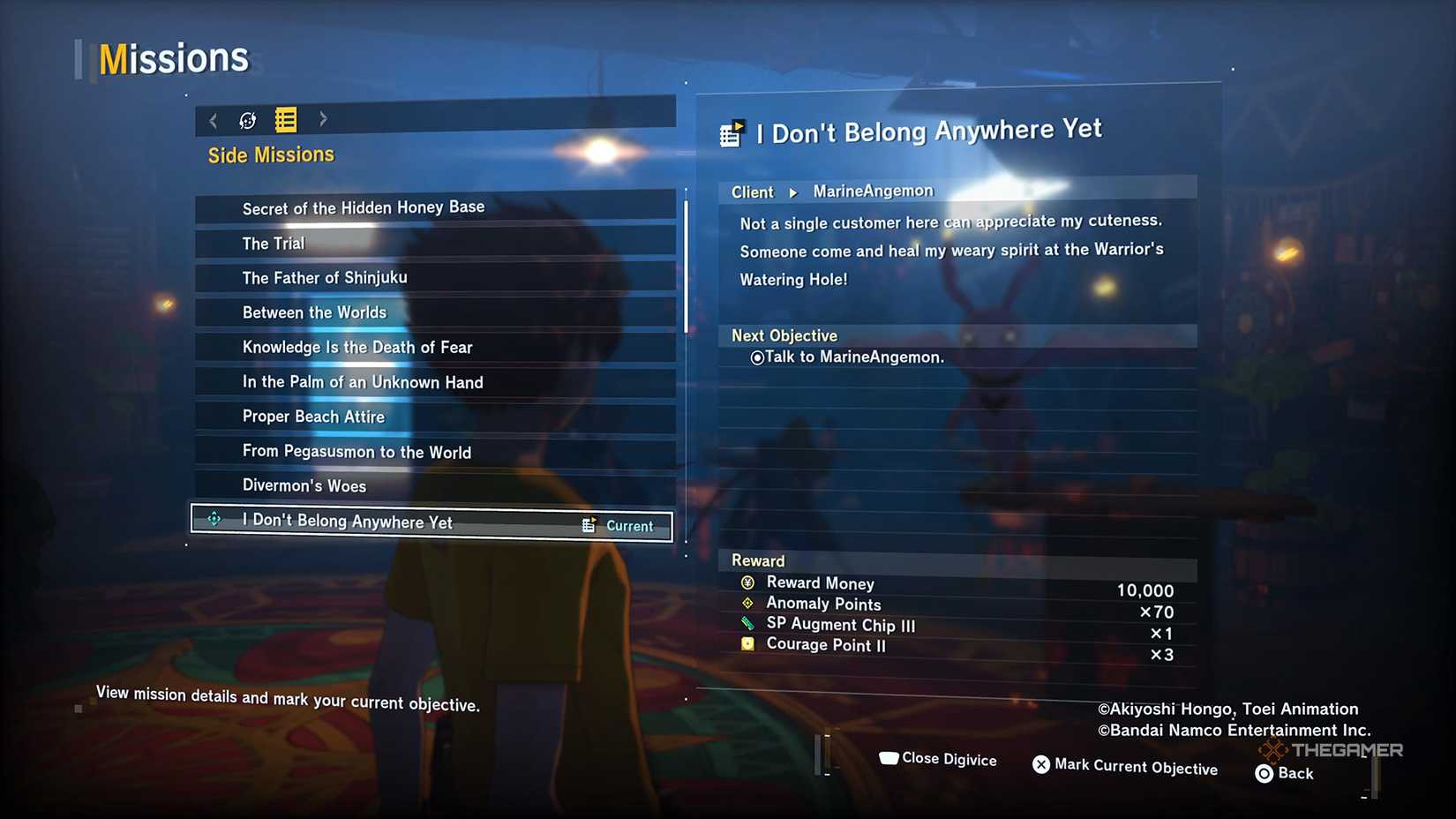 The details for the side quest I Don't Belong Anywhere Yet side quest in Digimon Story Time Stranger.
