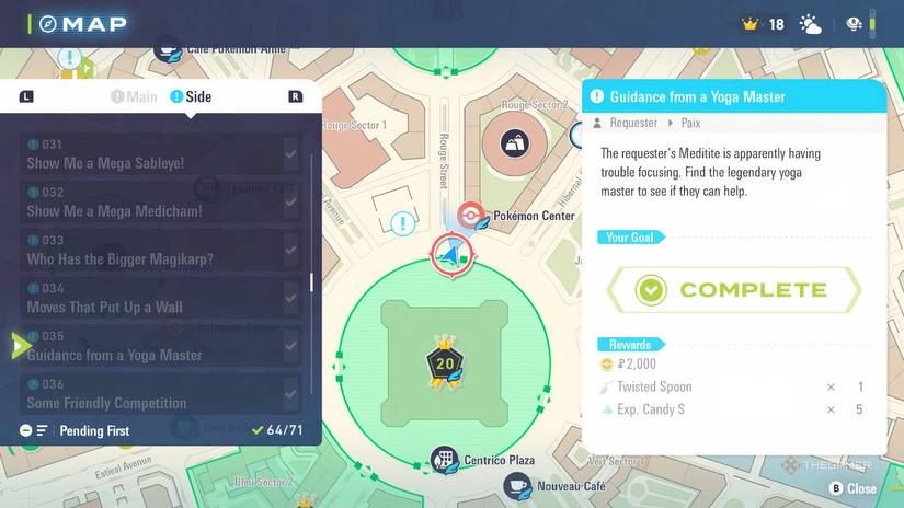 Menu showing Side Missions in Pokemon Legends: Z-A.