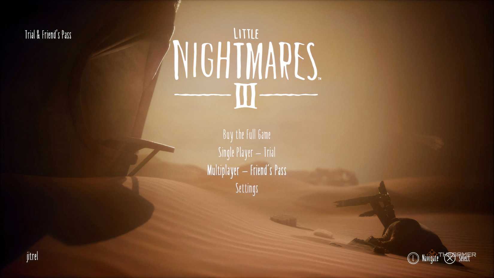 Little Nightmares 3 start menu with the Multiplayer Friend's Pass highlighted.