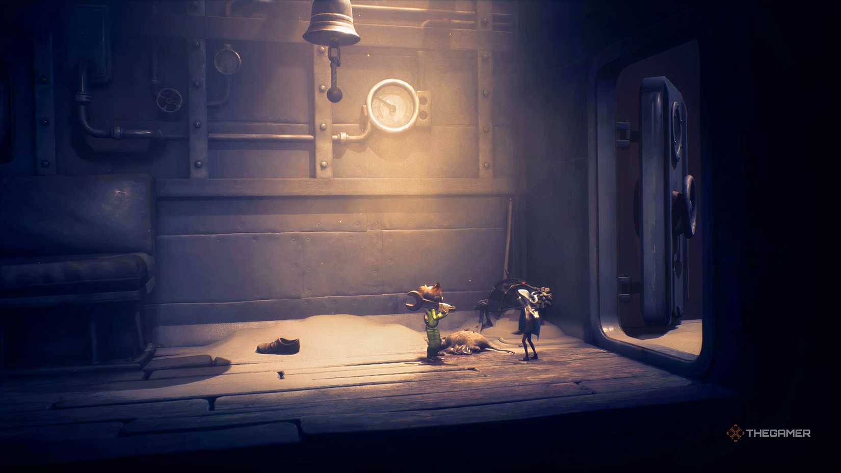 Two players in Little Nightmares 3, with one shooting an arrow at a bell in the roof.