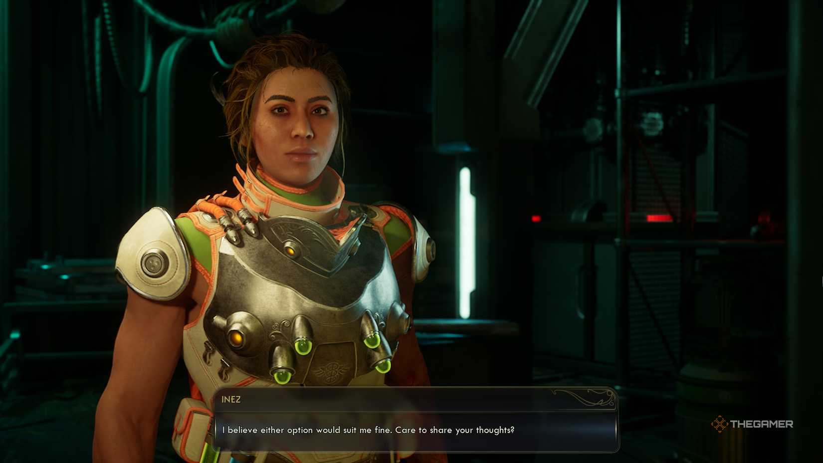 Inez asking the player which graft she should take to upgrade her abilities in The Outer Worlds 2