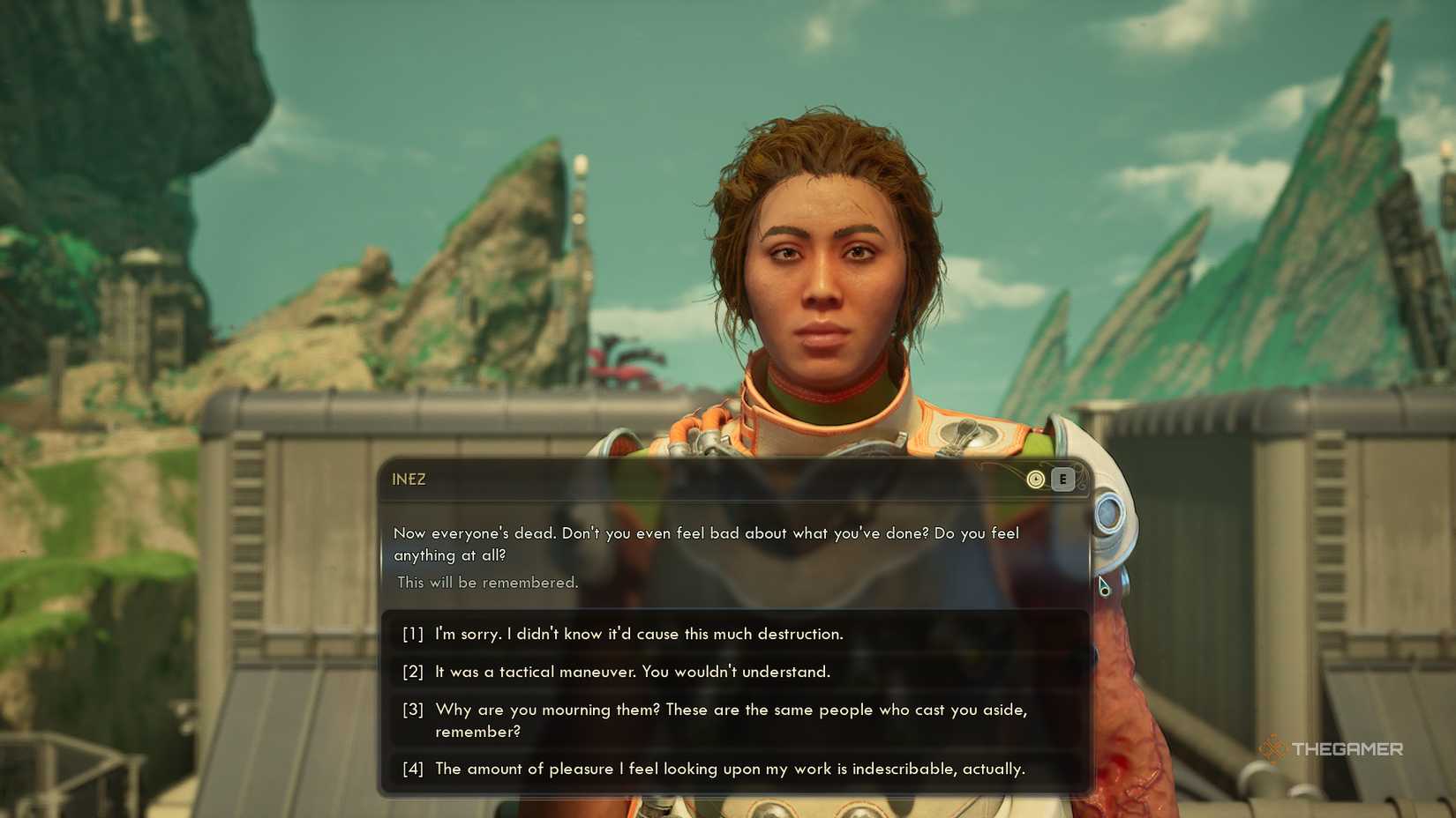 Inez confronting the player about the destruction of Fairfield in The Outer Worlds 2