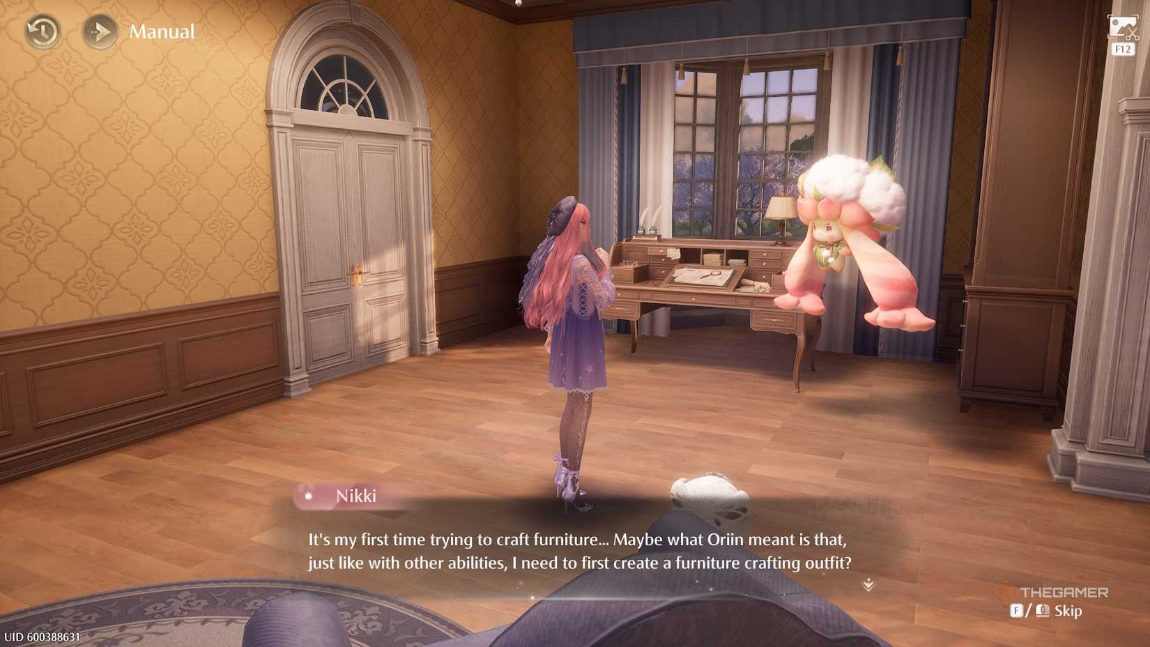 Infinity Nikki Nikki learning to craft furniture in her house.