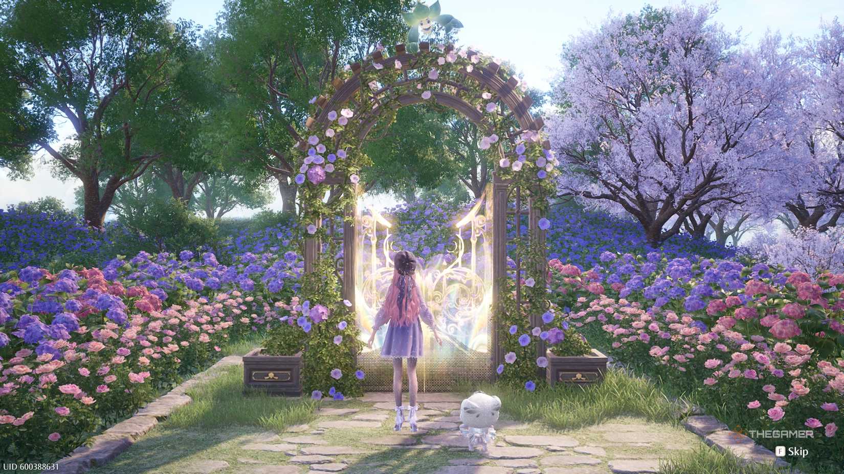 Infinity Nikki Nikki opening a garden gate portal.