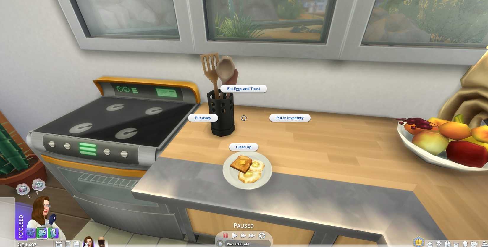 A normal interaction options appear after right clicking breakfast food in first-person mode for The Sims 4.