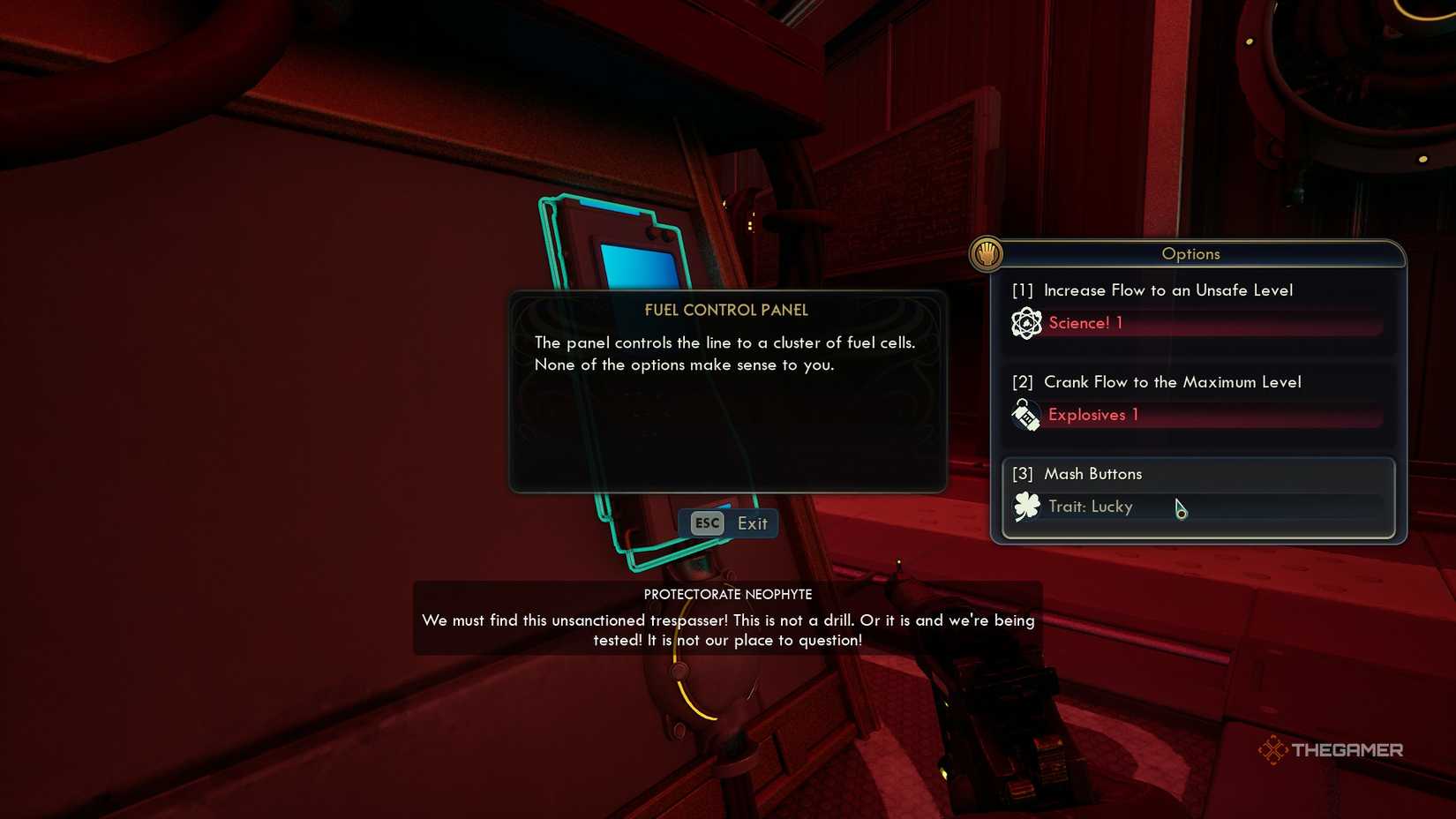 Interacting with the fuel control panel in The Outer Worlds 2. The player has interact with it so it harms enemies