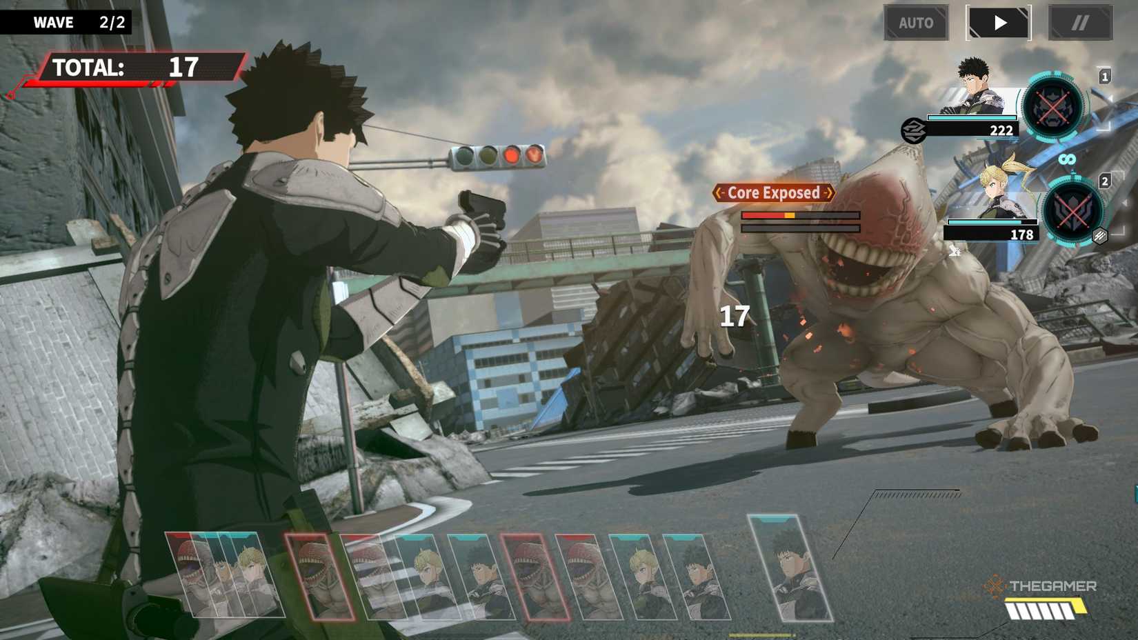 Kafka shooting a kaiju with the core exposed in Kaiju No 8 The Game.