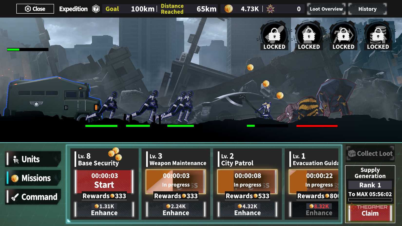 A demostration of the Expedition mini-game, reaching 65kms in Kaiju No 8 The Game.
