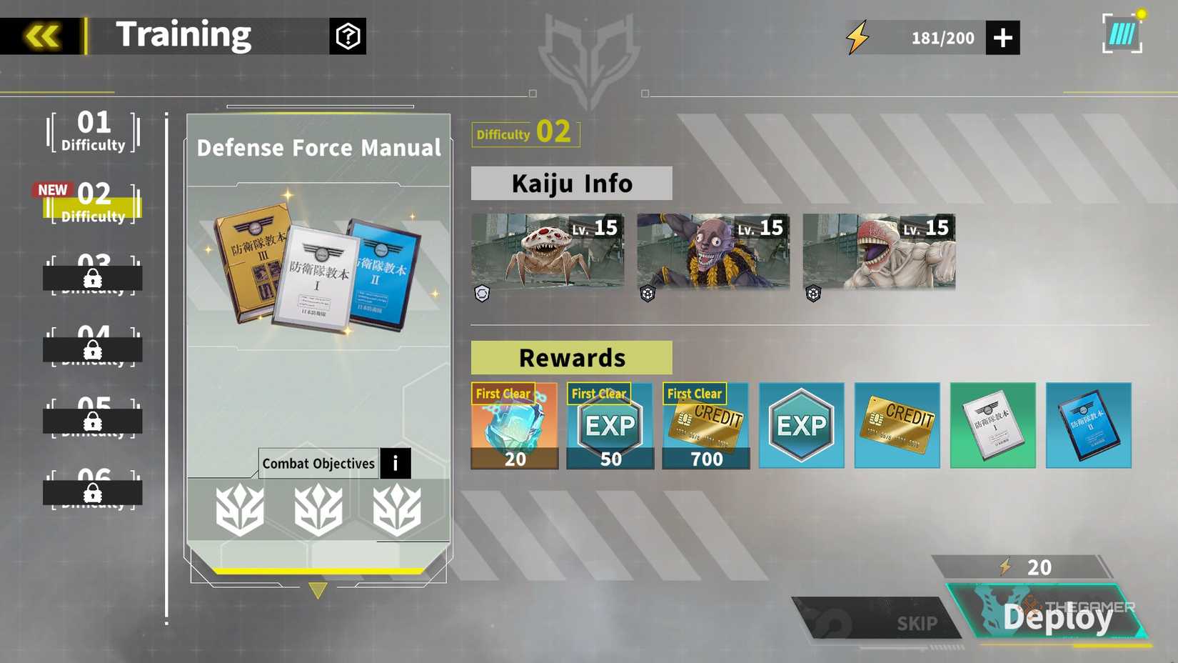 The Training menu for the Defense Force Manuals in Difficulty 2 in Kaiju No 8 The Game.