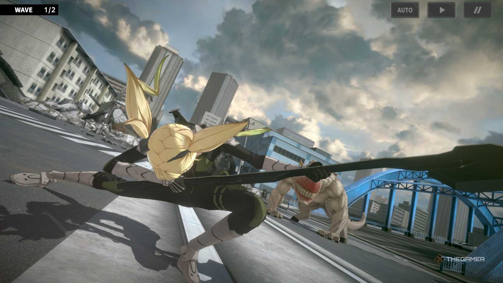 Kikoru sliding with her giant axe after hitting an enemy in Kaiju No. 8 The Game.