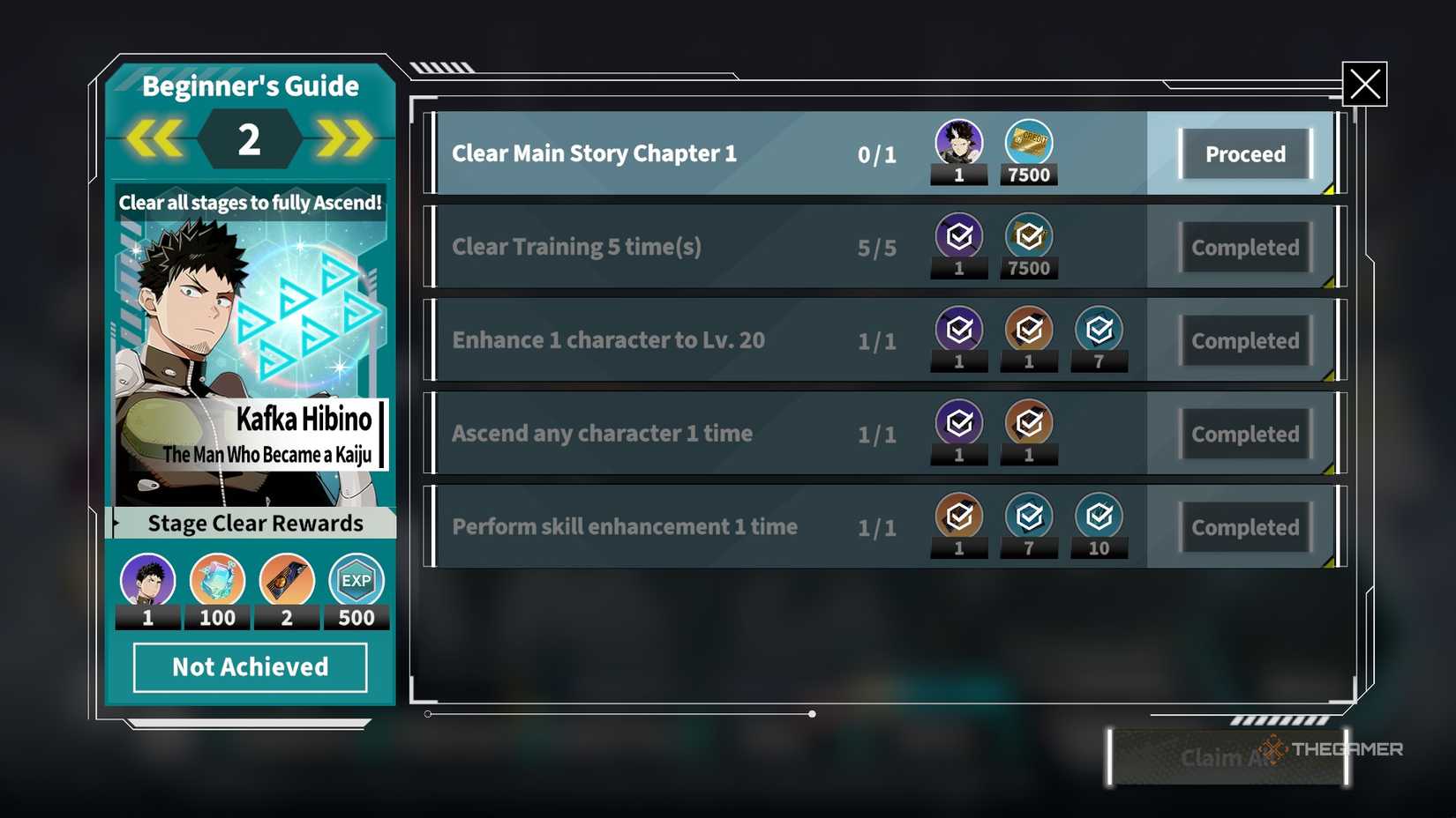 The Beginner's Guide window and rewards in Kaiju No 8 The Game.