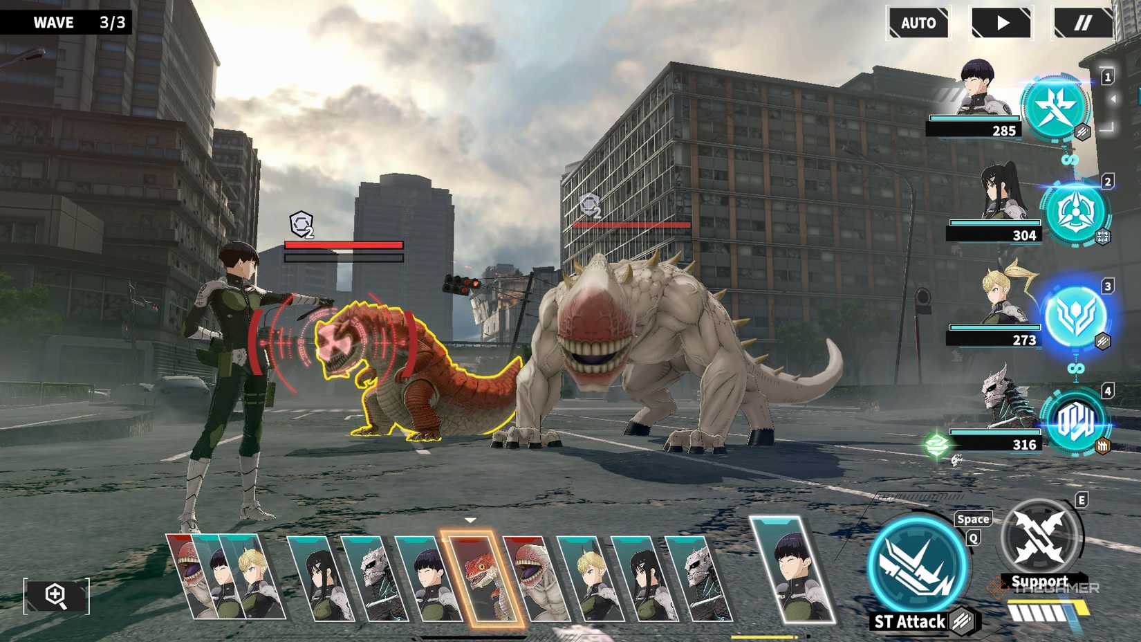 Shoshino aiming at a small kaiju with his knifes in Kaiju No 8 The Game.