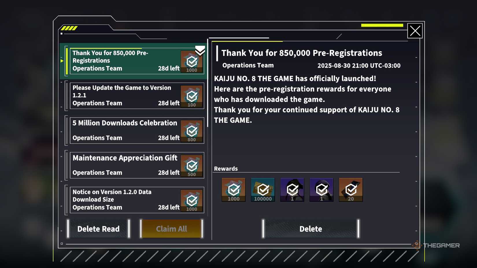 The Notification windows showing the claimed rewards of the first message in Kaiju No. 8 The Game.