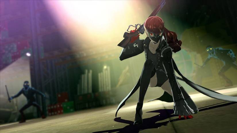 Kasumi landing a jump in front of some shadows with a gun in her hand.