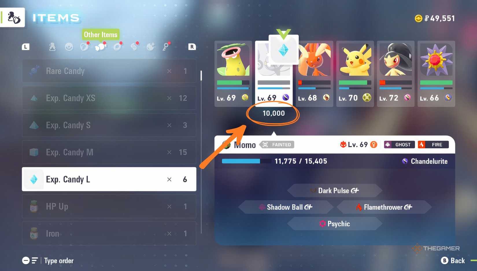 L EXP Candy being used to level up a Pokemon in Pokemon Legends Z-A.