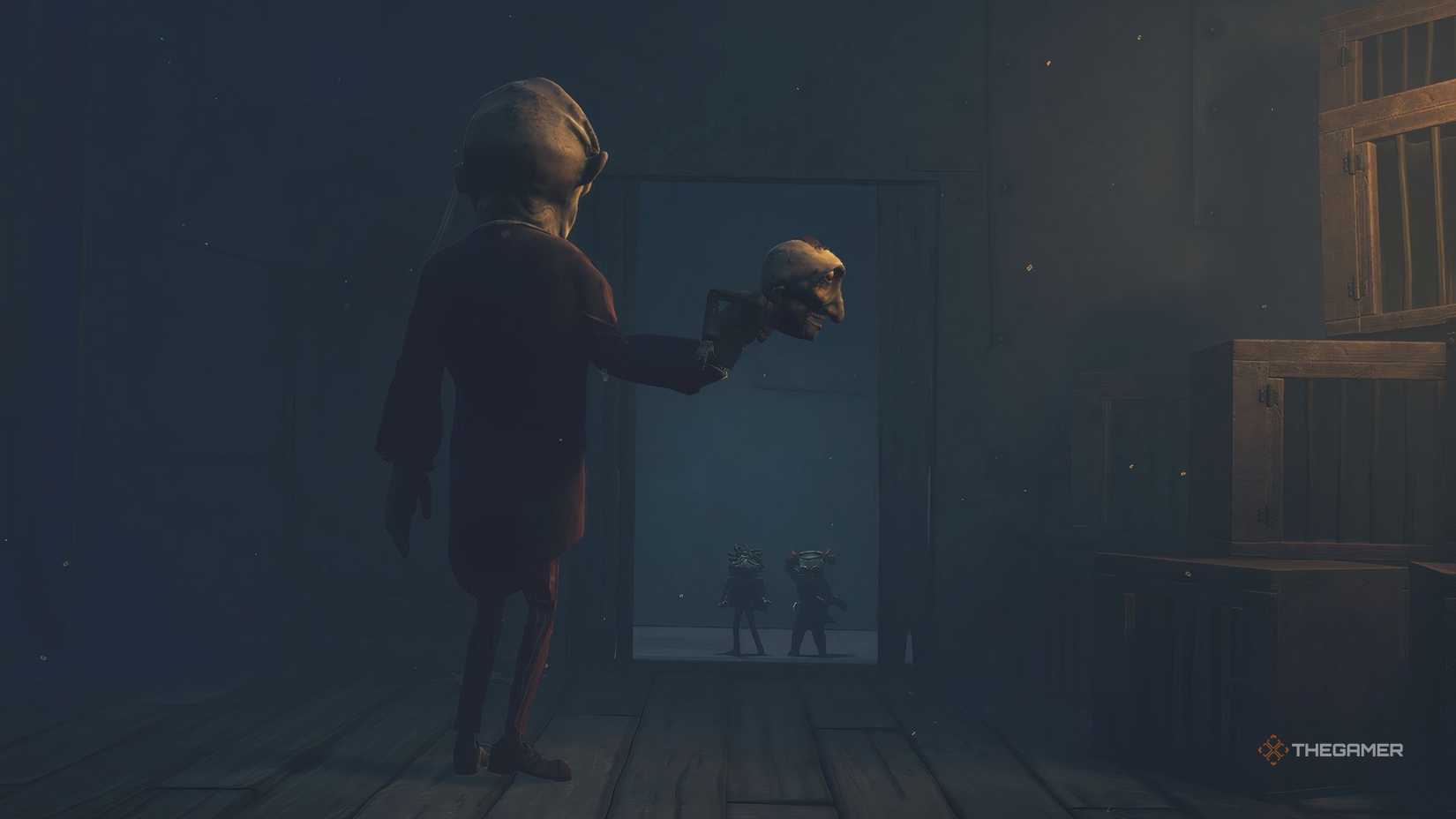 Low and Alone about to be captured by Kin and Mini Kin in Little Nightmares 3.