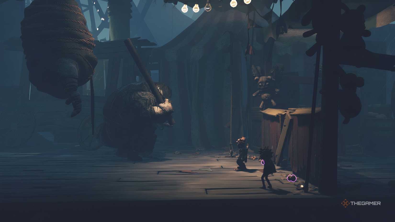 Low and Alone calling a man with a bat to them in Little Nightmares 3.
